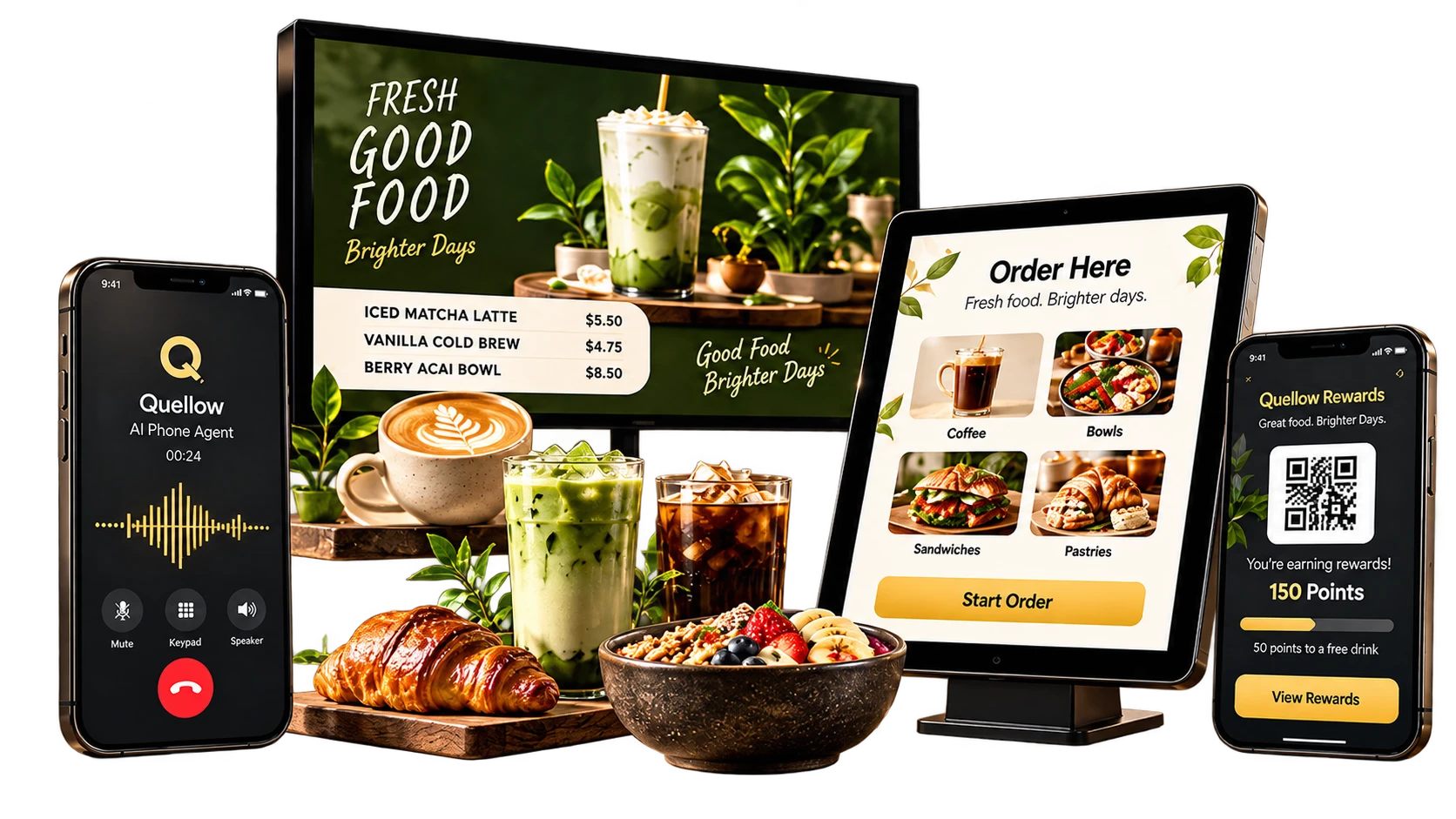 Quellow AI phone agent, digital signage, self-service kiosk and loyalty rewards